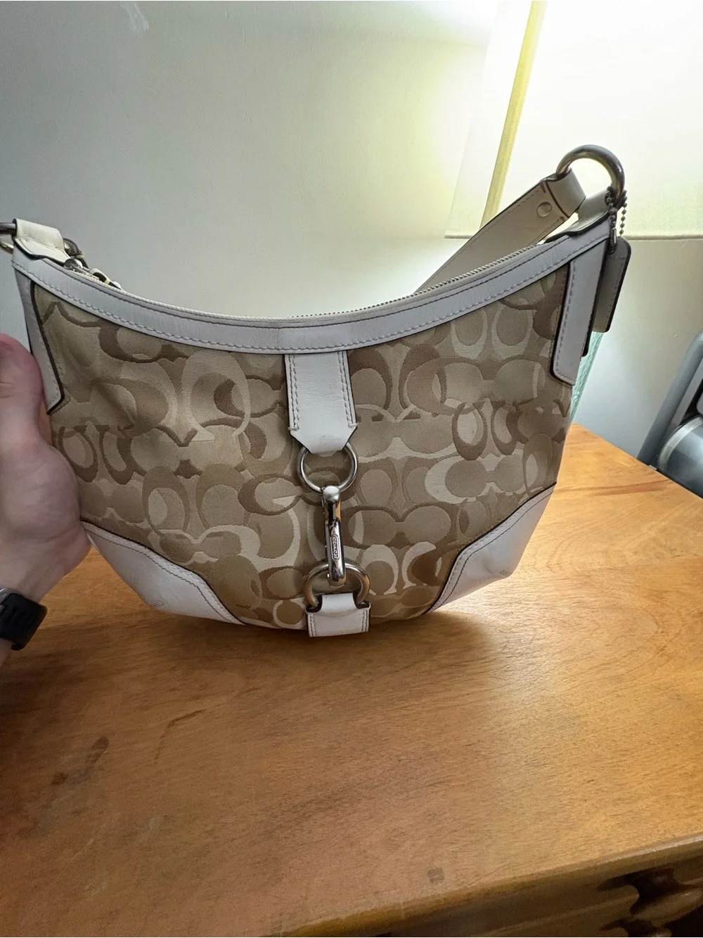 Coach Tan Signature Canvas Hobo with Chalk Trim
